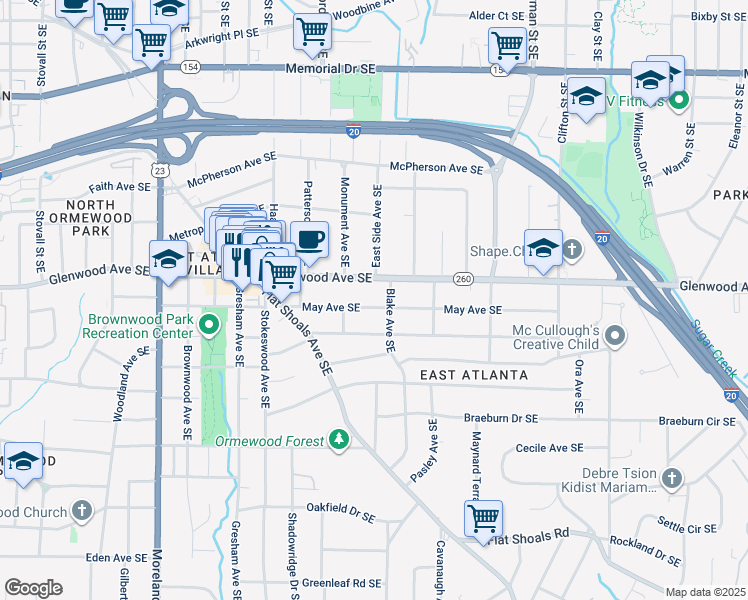 map of restaurants, bars, coffee shops, grocery stores, and more near 1434 May Avenue Southeast in Atlanta