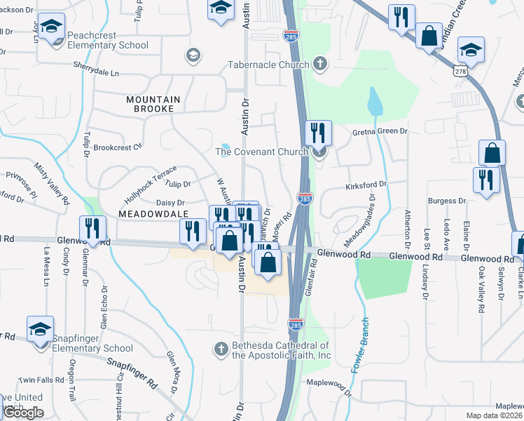 map of restaurants, bars, coffee shops, grocery stores, and more near 1772 Danrich Drive in Decatur