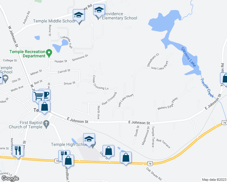 map of restaurants, bars, coffee shops, grocery stores, and more near 102 Creek Crossing Lane in Temple