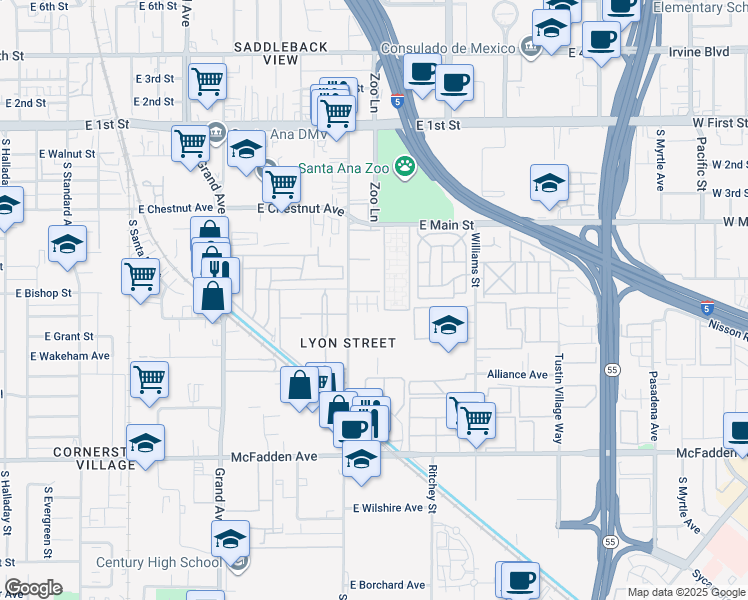 map of restaurants, bars, coffee shops, grocery stores, and more near 627 South Lyon Street in Santa Ana