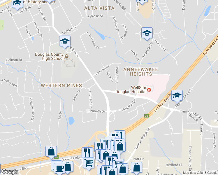 map of restaurants, bars, coffee shops, grocery stores, and more near 6301 Prestley Mill Road in Douglasville