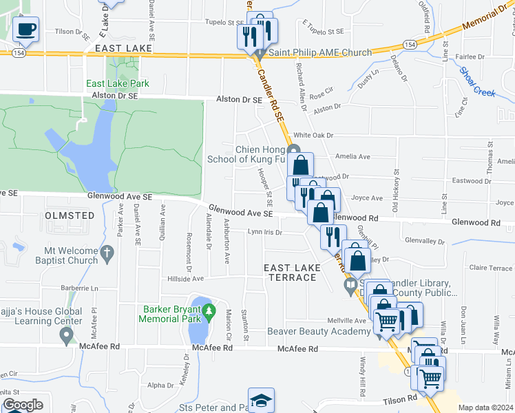 map of restaurants, bars, coffee shops, grocery stores, and more near 2904 Glenwood Avenue Southeast in Atlanta