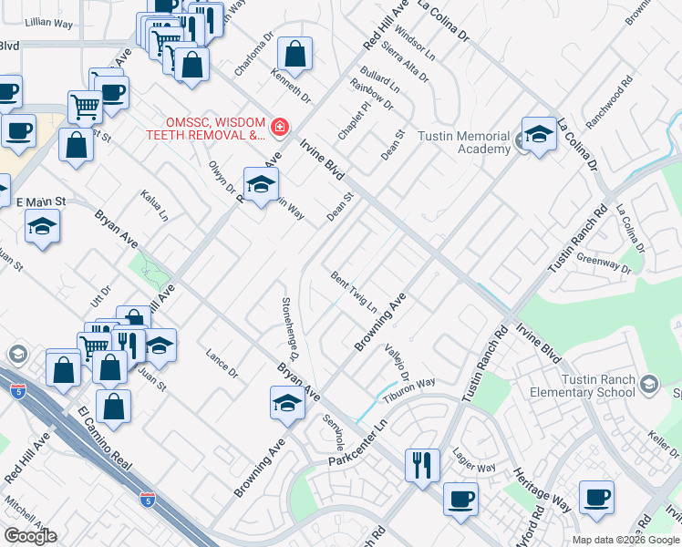 map of restaurants, bars, coffee shops, grocery stores, and more near 13201 Hickory Branch Road in Tustin