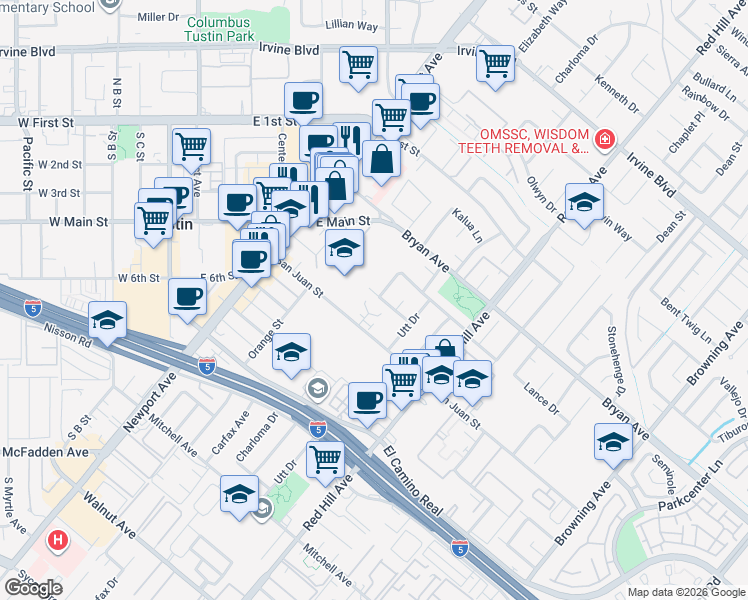 map of restaurants, bars, coffee shops, grocery stores, and more near 13632 Charloma Drive in Tustin