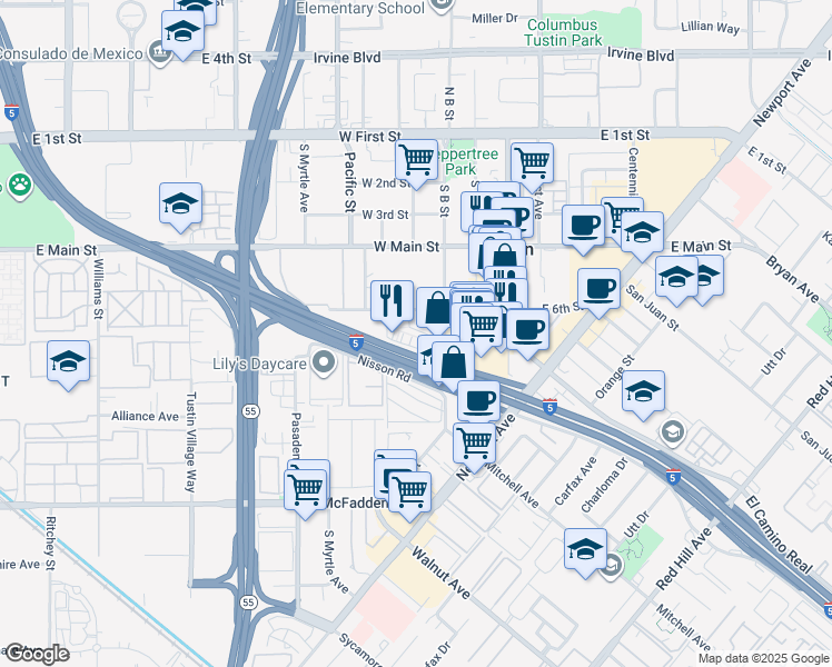 map of restaurants, bars, coffee shops, grocery stores, and more near 606 Handley Court in Tustin