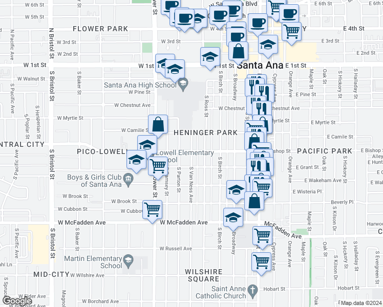 map of restaurants, bars, coffee shops, grocery stores, and more near 529 South Van Ness Avenue in Santa Ana