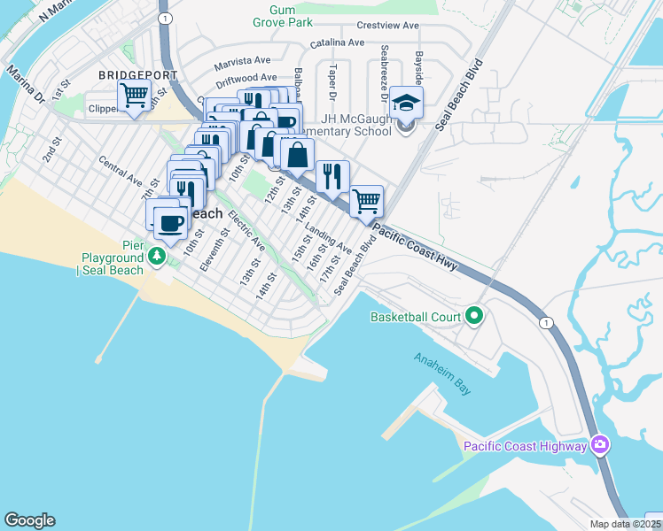 map of restaurants, bars, coffee shops, grocery stores, and more near 235 17th Street in Seal Beach