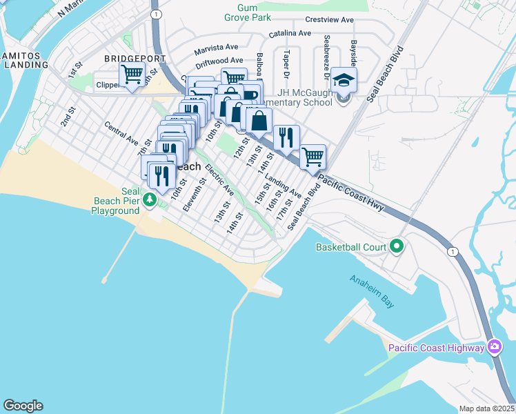 map of restaurants, bars, coffee shops, grocery stores, and more near 202 15th Street in Seal Beach