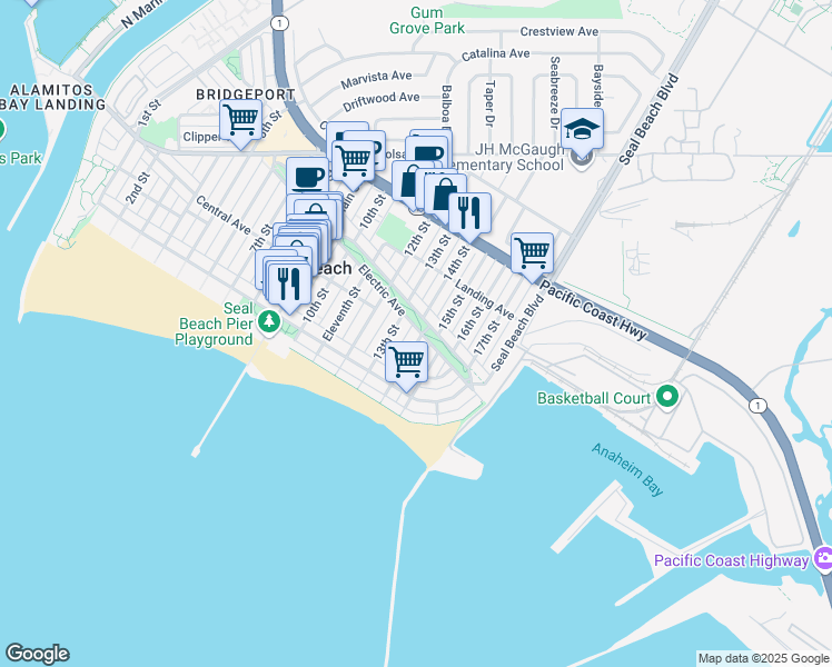 map of restaurants, bars, coffee shops, grocery stores, and more near 150 13th Street in Seal Beach