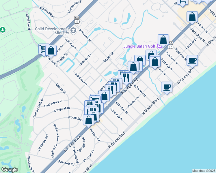 map of restaurants, bars, coffee shops, grocery stores, and more near 6318 Hawthorne Lane in Myrtle Beach