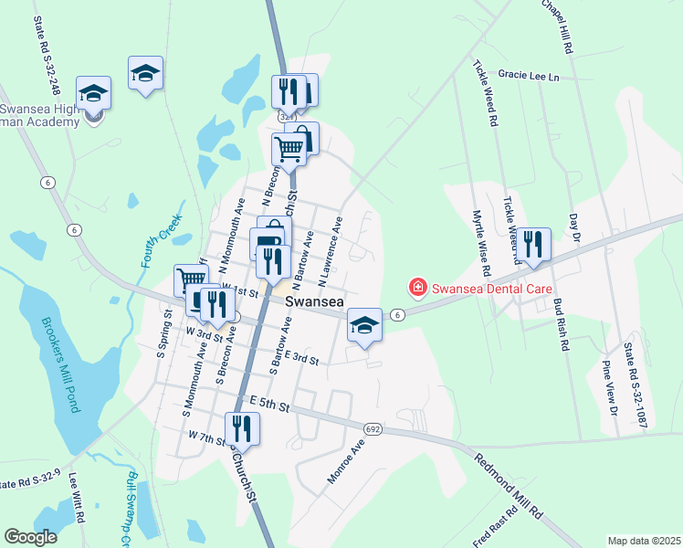 map of restaurants, bars, coffee shops, grocery stores, and more near 201 Elm Creek Lane in Swansea