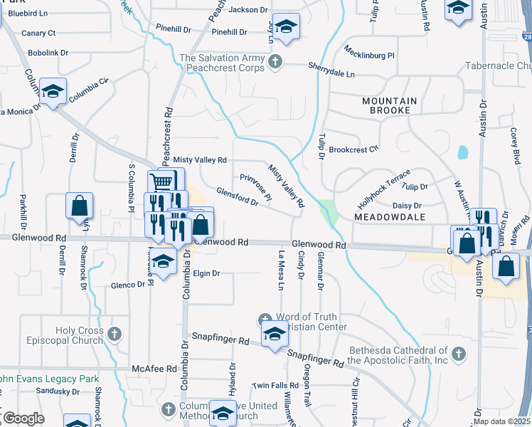 map of restaurants, bars, coffee shops, grocery stores, and more near 3491 Glensford Drive in Decatur