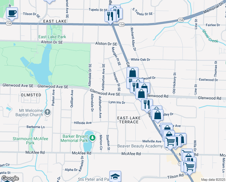 map of restaurants, bars, coffee shops, grocery stores, and more near 2904 Glenwood Avenue Southeast in Atlanta
