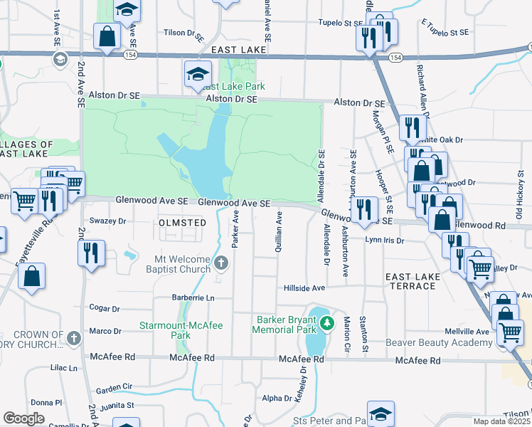 map of restaurants, bars, coffee shops, grocery stores, and more near 2711 Glenwood Avenue Southeast in Atlanta