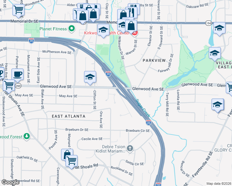 map of restaurants, bars, coffee shops, grocery stores, and more near 1780 Glenaire Court Southeast in Atlanta