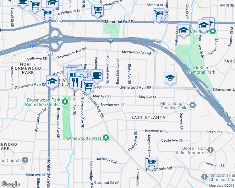map of restaurants, bars, coffee shops, grocery stores, and more near 1450 May Avenue Southeast in Atlanta