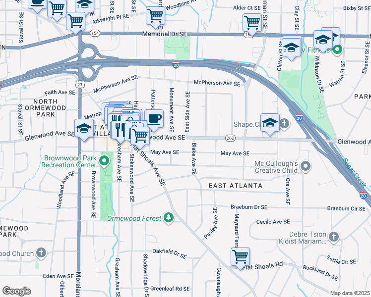 map of restaurants, bars, coffee shops, grocery stores, and more near 1434 May Avenue Southeast in Atlanta