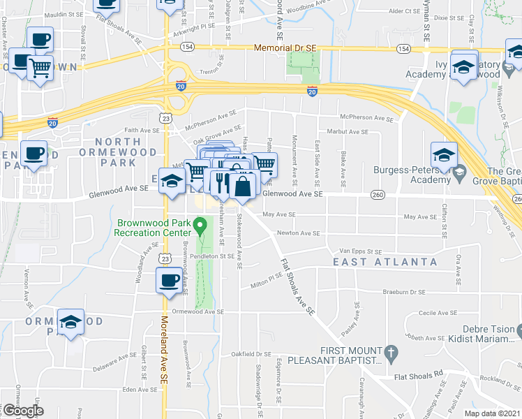 map of restaurants, bars, coffee shops, grocery stores, and more near 539 Patterson Avenue Southeast in Atlanta