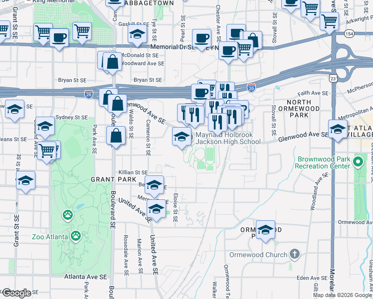map of restaurants, bars, coffee shops, grocery stores, and more near 801 Glenwood Avenue Southeast in Atlanta