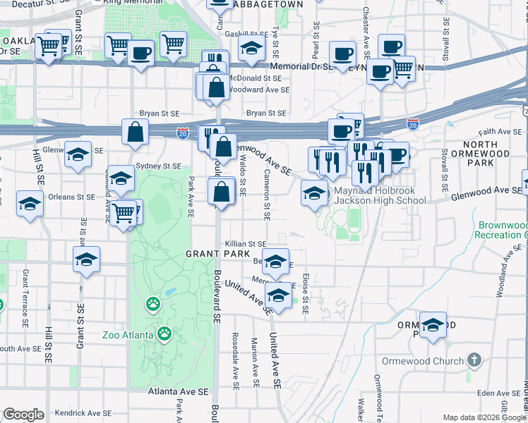 map of restaurants, bars, coffee shops, grocery stores, and more near 678 Rosalia Street Southeast in Atlanta