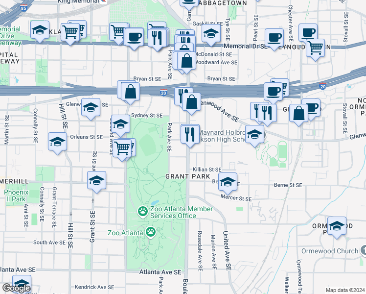 map of restaurants, bars, coffee shops, grocery stores, and more near 567 Hansell Street Southeast in Atlanta