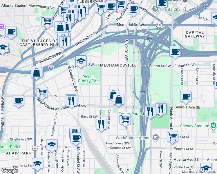map of restaurants, bars, coffee shops, grocery stores, and more near 563 Cooper Street Southwest in Atlanta
