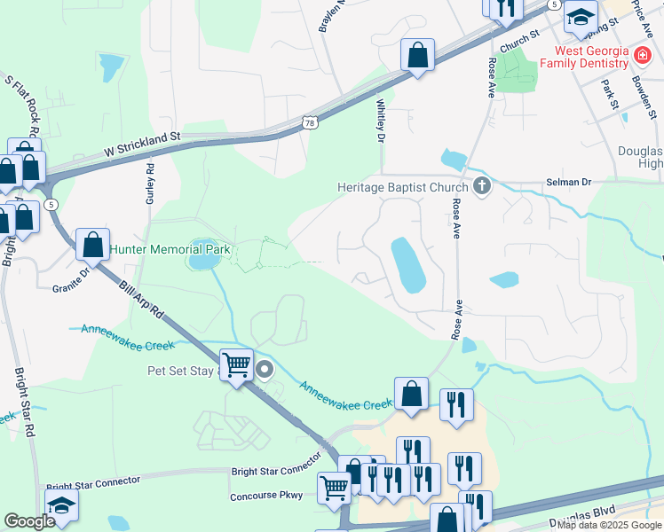 map of restaurants, bars, coffee shops, grocery stores, and more near 7115 Secret Rose in Douglasville