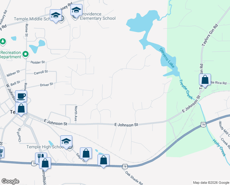 map of restaurants, bars, coffee shops, grocery stores, and more near 159 Ivey Lake Parkway in Temple