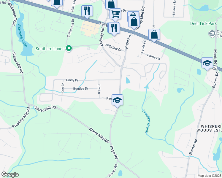 map of restaurants, bars, coffee shops, grocery stores, and more near 2441 Pope Road in Douglasville