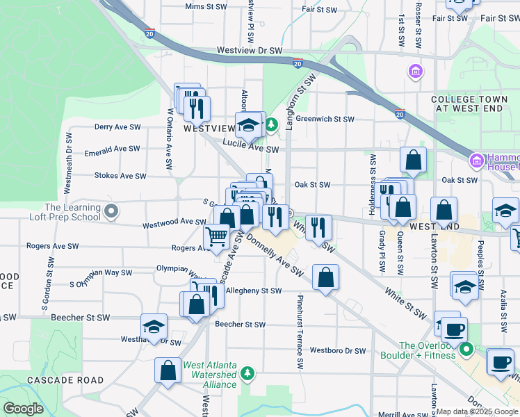 map of restaurants, bars, coffee shops, grocery stores, and more near 1050 South Gordon Street Southwest in Atlanta