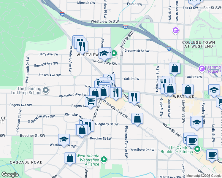 map of restaurants, bars, coffee shops, grocery stores, and more near 1050 South Gordon Street Southwest in Atlanta
