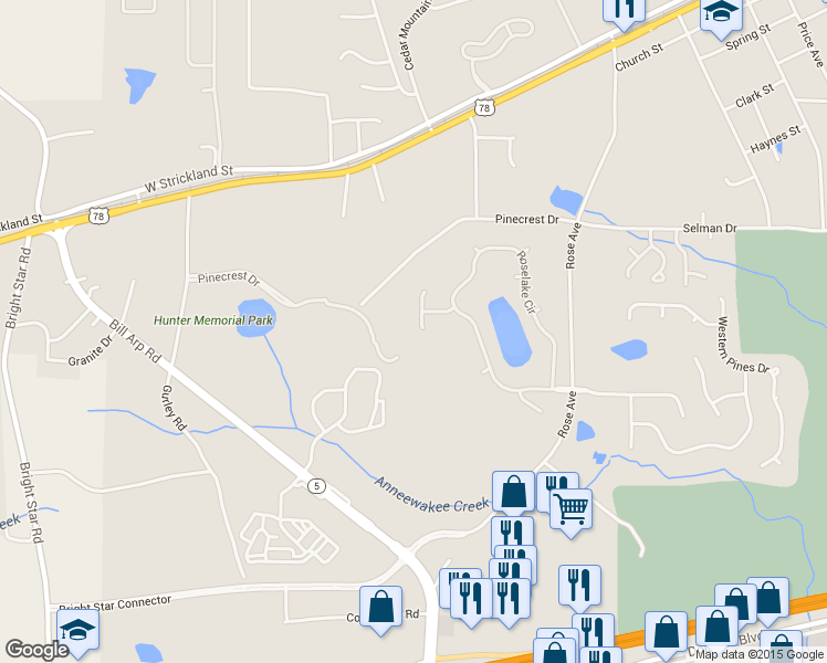 map of restaurants, bars, coffee shops, grocery stores, and more near 7115 Secret Rose in Douglasville