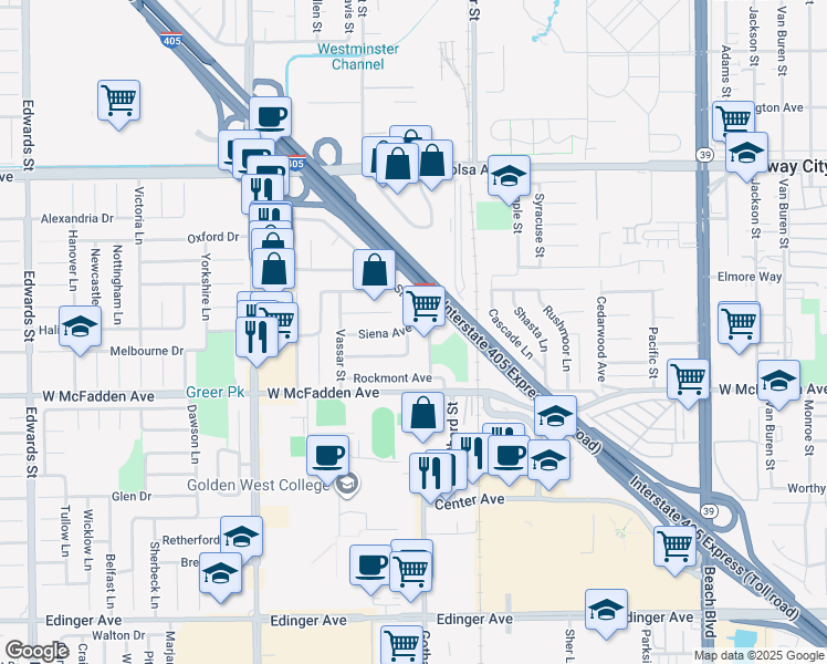 map of restaurants, bars, coffee shops, grocery stores, and more near 15362 De Paul Street in Westminster