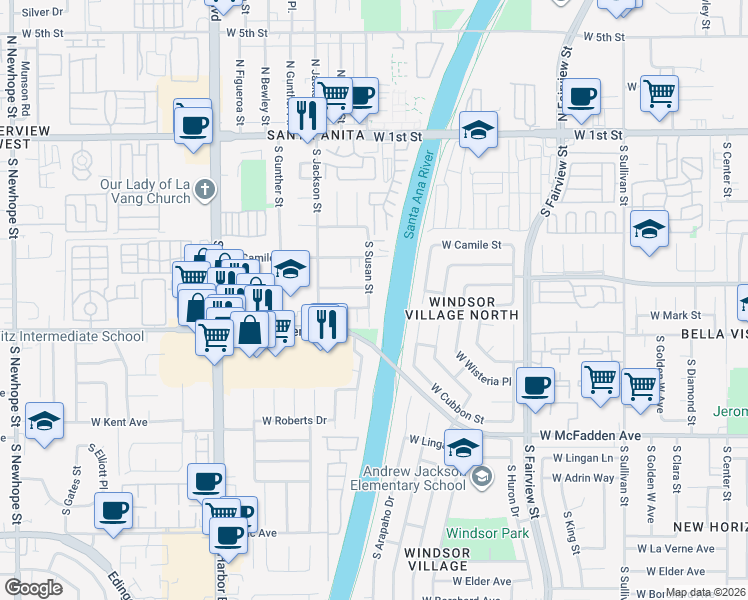 map of restaurants, bars, coffee shops, grocery stores, and more near 605 South Susan Street in Santa Ana