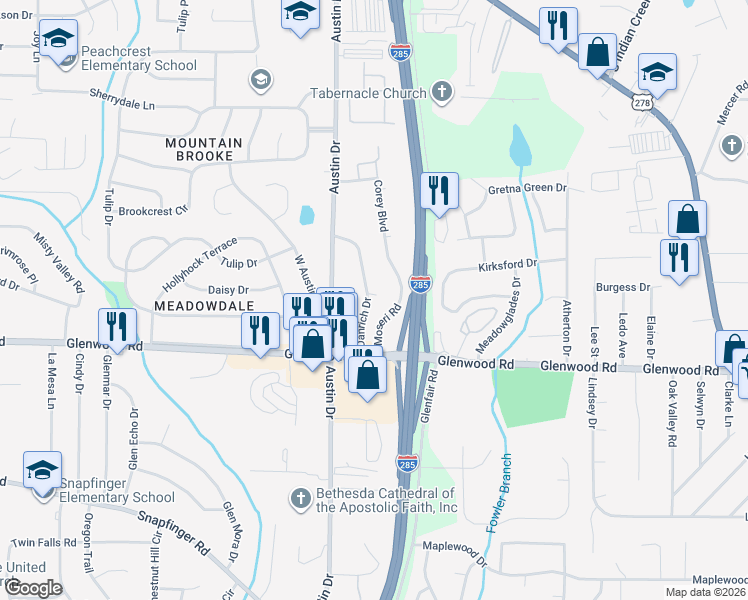 map of restaurants, bars, coffee shops, grocery stores, and more near 1772 Danrich Drive in Decatur