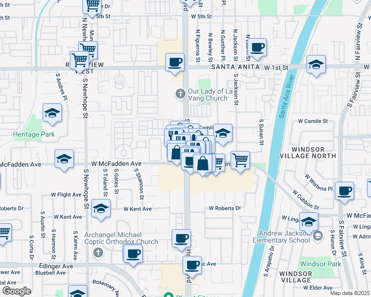map of restaurants, bars, coffee shops, grocery stores, and more near 606 South Harbor Boulevard in Santa Ana