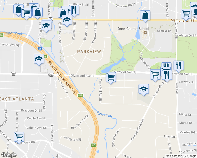 map of restaurants, bars, coffee shops, grocery stores, and more near 1957 Glenwood Avenue Southeast in Atlanta
