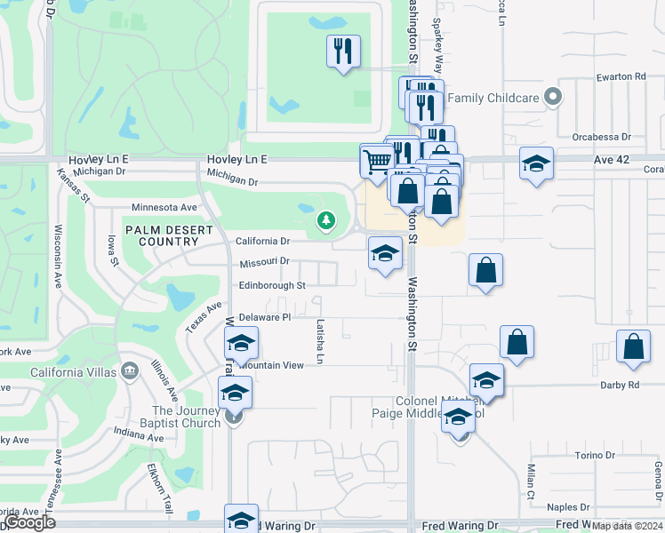 map of restaurants, bars, coffee shops, grocery stores, and more near 42589 Brighton Street in Palm Desert