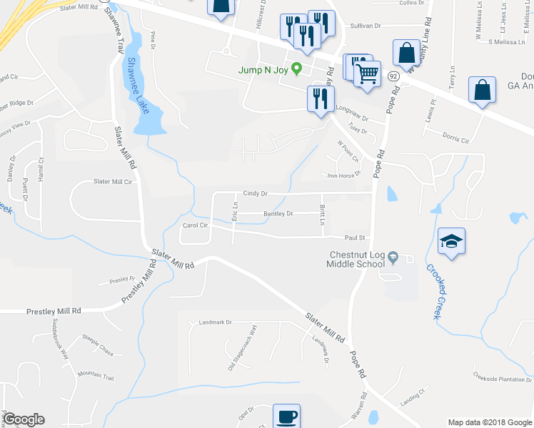 map of restaurants, bars, coffee shops, grocery stores, and more near 3894 Bentley Drive in Douglasville