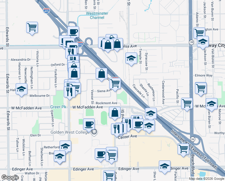 map of restaurants, bars, coffee shops, grocery stores, and more near 15362 De Paul Street in Westminster