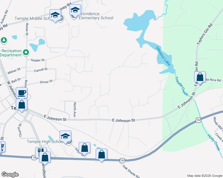map of restaurants, bars, coffee shops, grocery stores, and more near 159 Ivey Lake Parkway in Temple