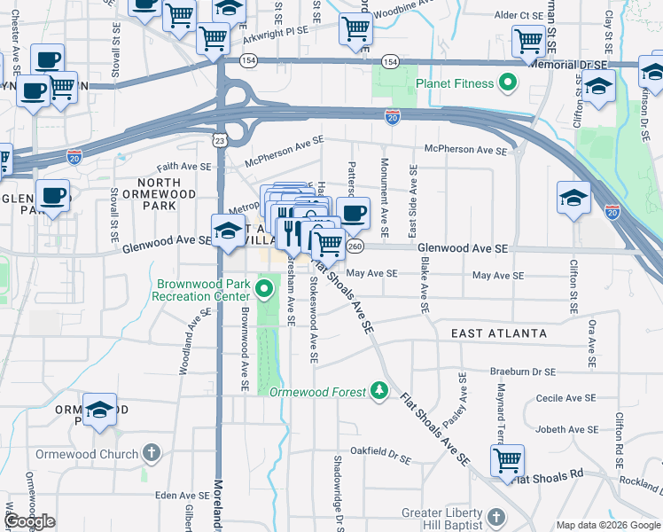 map of restaurants, bars, coffee shops, grocery stores, and more near 1332 May Avenue Southeast in Atlanta