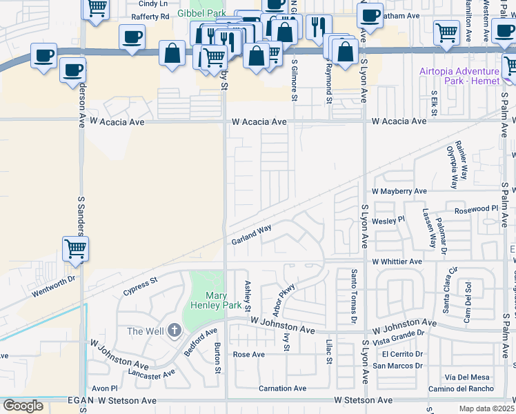map of restaurants, bars, coffee shops, grocery stores, and more near 2313 Los Gatos Circle in Hemet