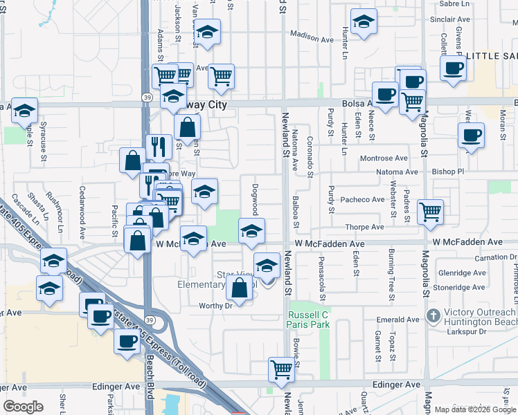map of restaurants, bars, coffee shops, grocery stores, and more near 8412 Peachwood Avenue in Westminster