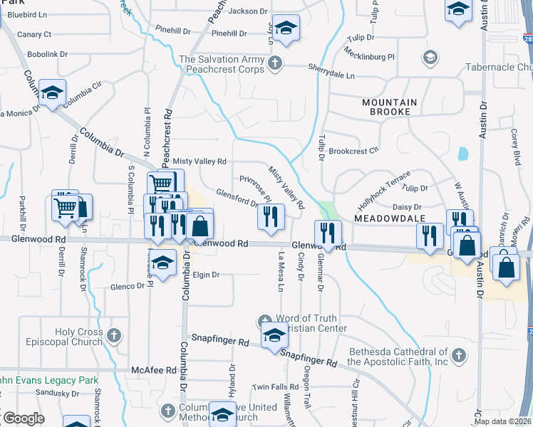 map of restaurants, bars, coffee shops, grocery stores, and more near 3497 Glensford Drive in Decatur