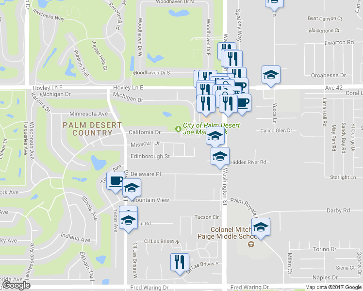 map of restaurants, bars, coffee shops, grocery stores, and more near 42589 Brighton Street in Palm Desert
