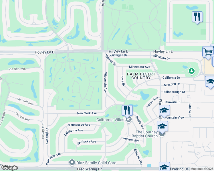 map of restaurants, bars, coffee shops, grocery stores, and more near 42620 Wisconsin Avenue in Palm Desert