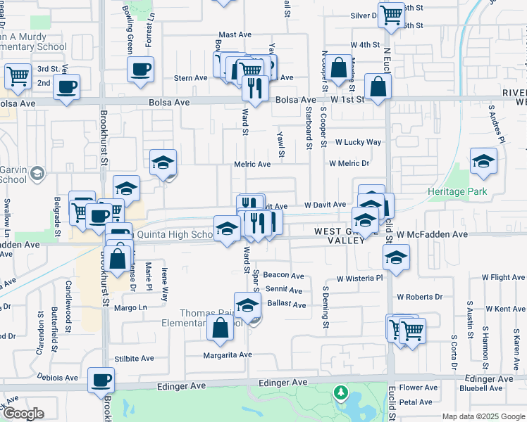 map of restaurants, bars, coffee shops, grocery stores, and more near 10562 Davit Avenue in Garden Grove
