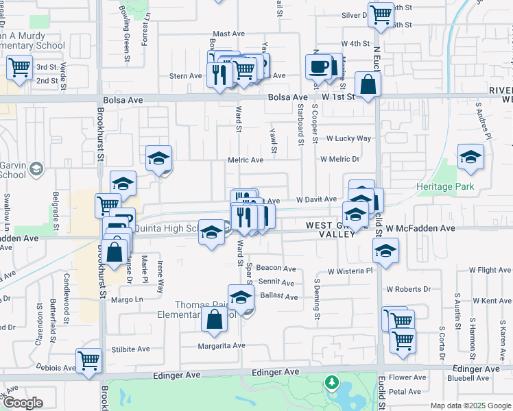 map of restaurants, bars, coffee shops, grocery stores, and more near 10562 Davit Avenue in Garden Grove
