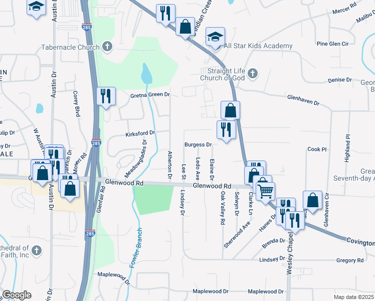 map of restaurants, bars, coffee shops, grocery stores, and more near 1770 Lee Street in Decatur